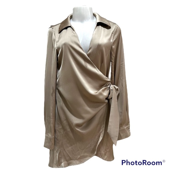 Miss Lola Champagne Satin Wrap Dress Small - Picture 3 of 9